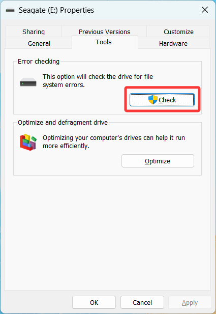 Running Disk Error Checker via File Explorer