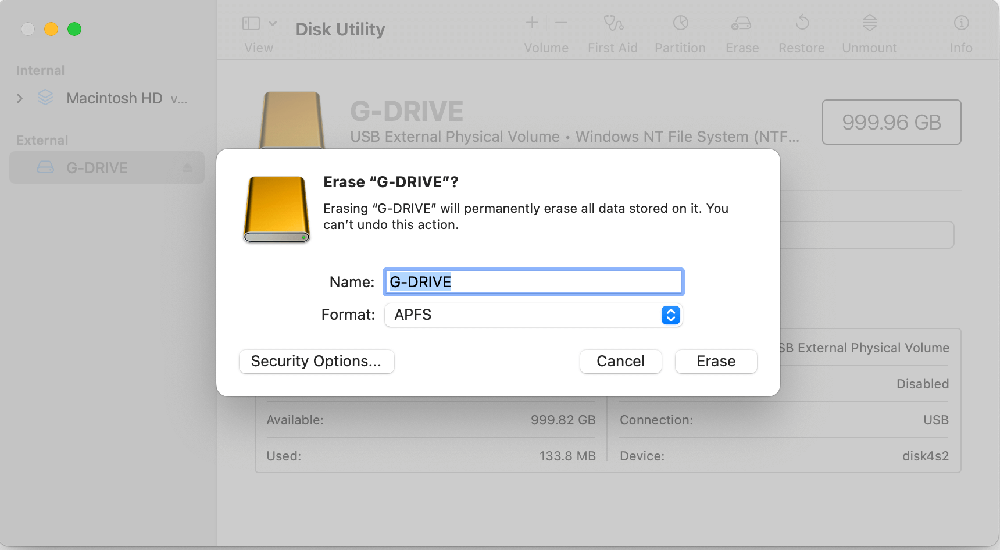 erase SanDisk G-DRIVE on Mac
