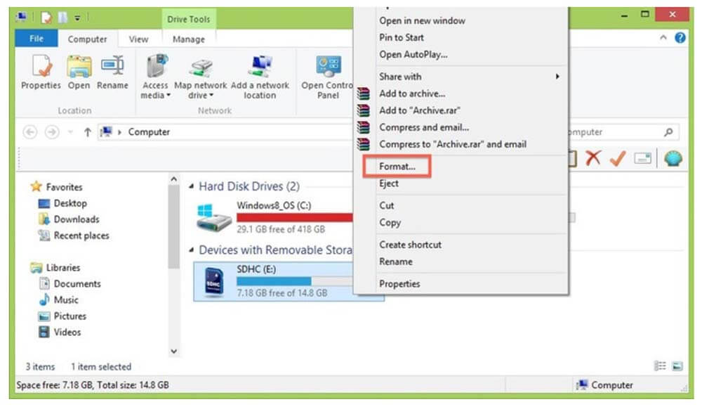 Find and right-click on the SD card