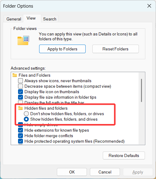 Navigate to the View tab in the Folder Options box