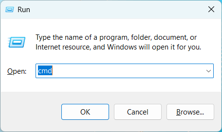 Press Windows + R, type cmd, and hit Enter.