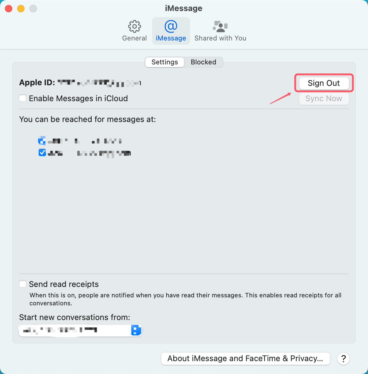 Click iMessage and click Sign Out