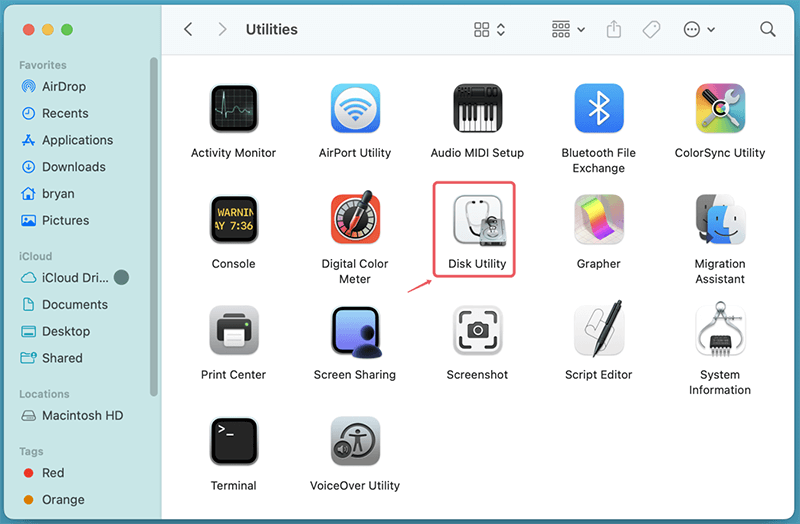 Open Disk Utility from Utilities via Applications