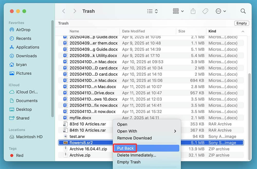 Recover Deleted SR2 Files from Mac's Trash Bin