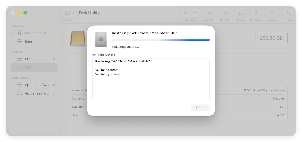 clone Mac SSD to WD external hard drive