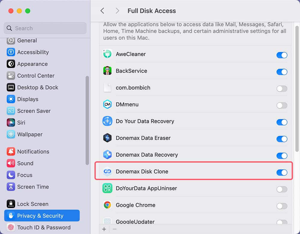 Enable Full Disk Access for Cloning Software