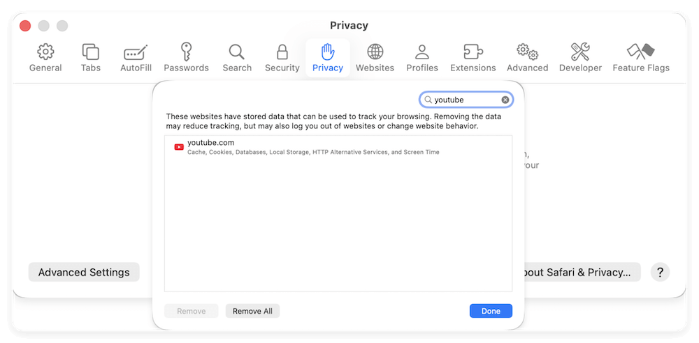 clear YouTube cookies and cache in Safai