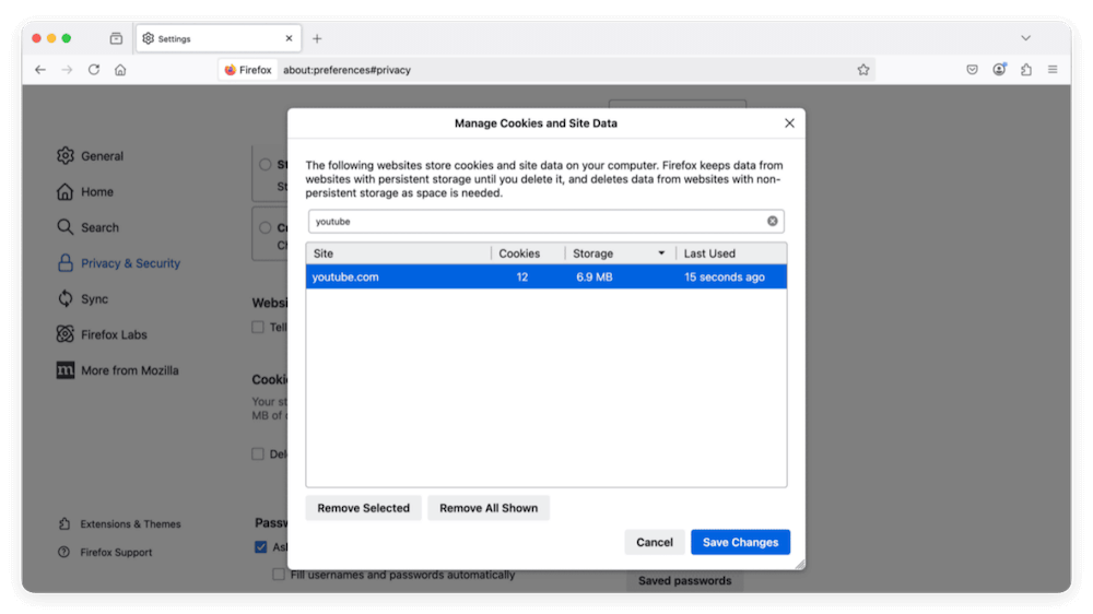 clear YouTube cookies and cache in Firfox