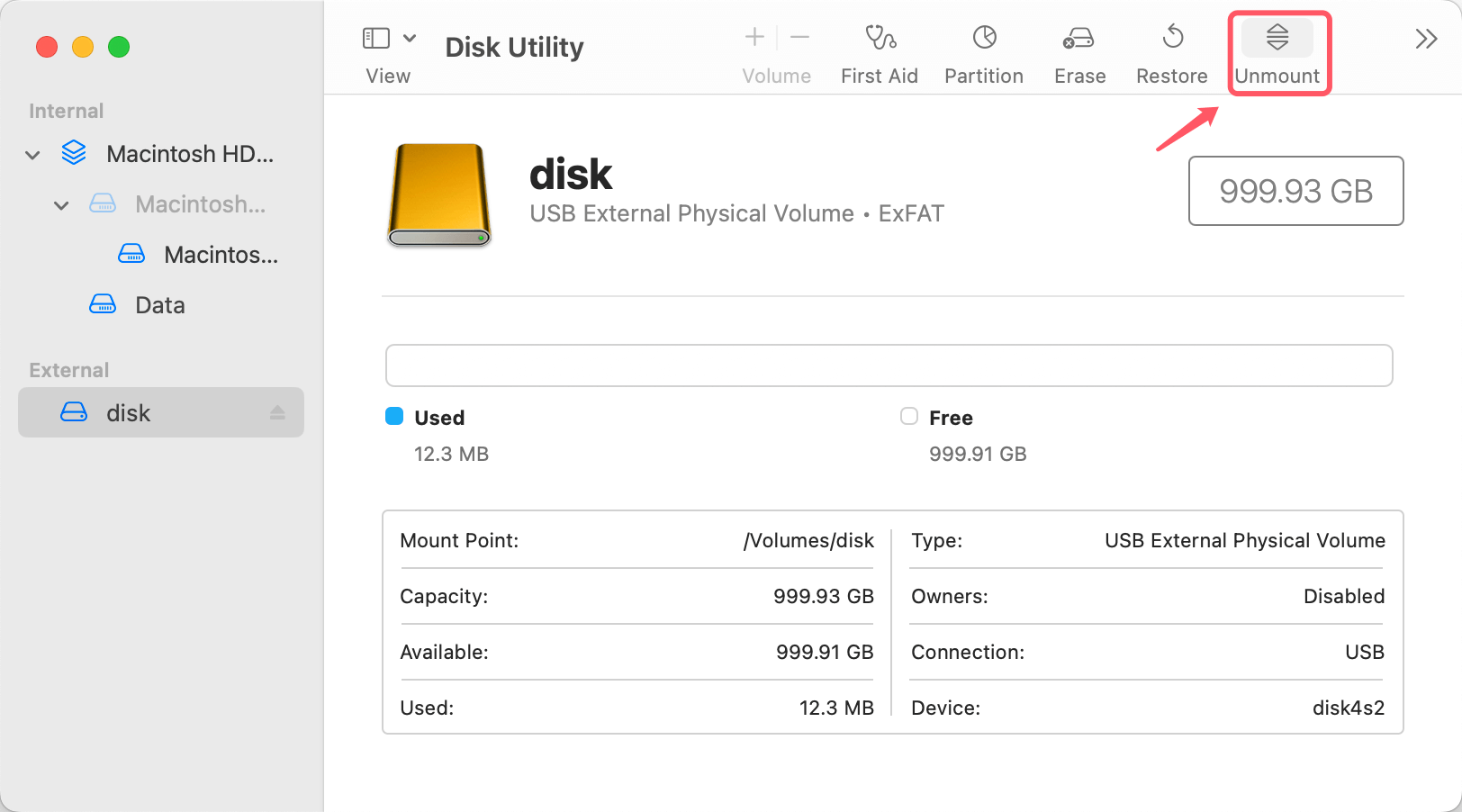 Pick out the disk and click Unmount