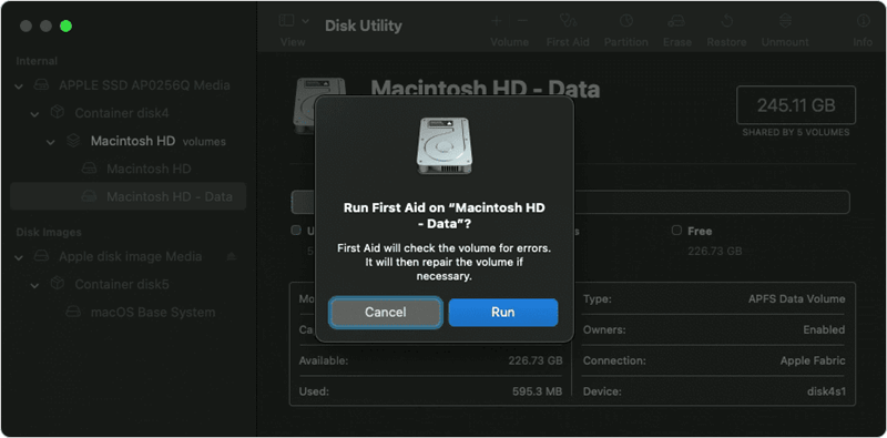 click on First Aid button to repair the disk or volume