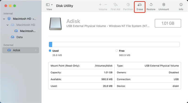 select the disk and click Erase