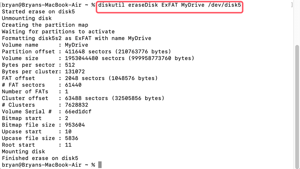 Use command diskutil eraseDisk