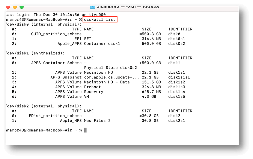 Type diskutil list