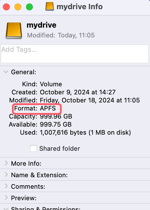look for the file system under the Format section