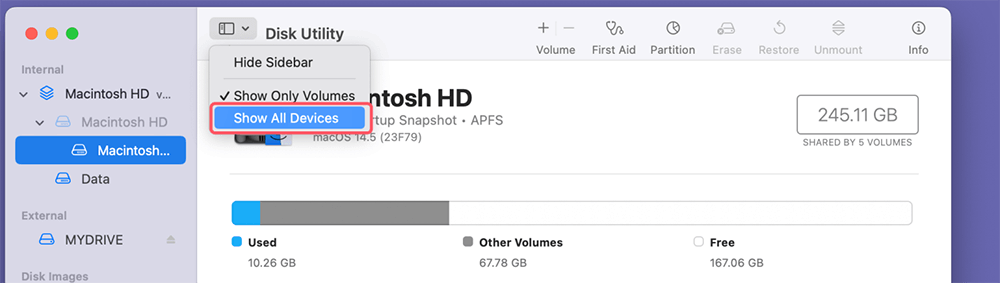 Check Disk Utility View Settings