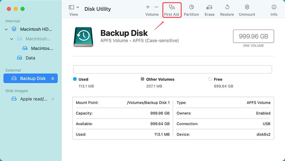 Run First Aid on the Time Machine Backup Drive