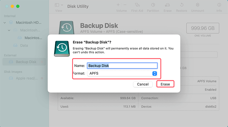 Format The Time Machine Backup Drive to APFS