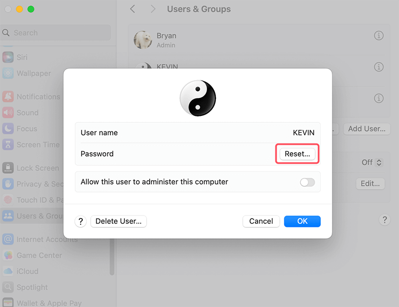 Select your user account and click i and click Reset