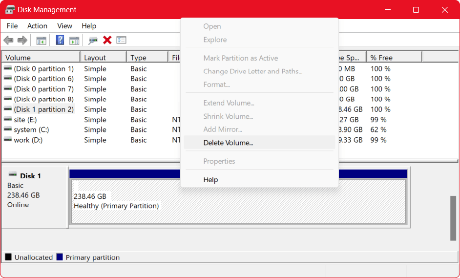 Right-click the APFS drive and choose Delete Volume