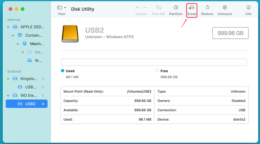 Select the NTFS drive and click Erase
