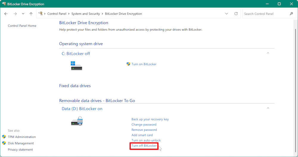 how to remove BitLocker password for USB drive