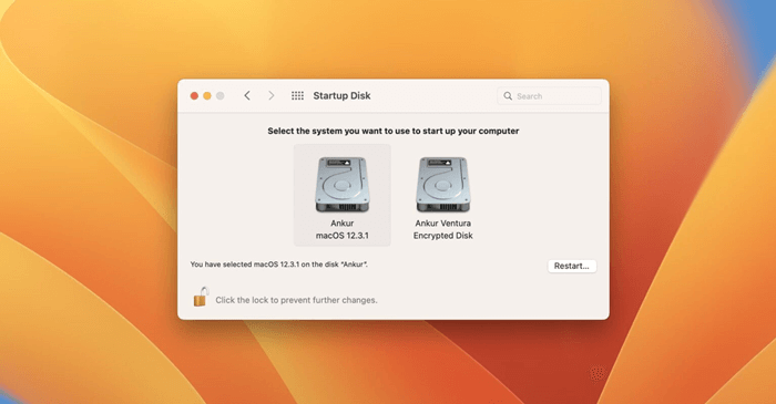 Select the system disk to start up your M2 Mac