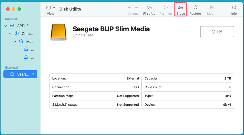 Click 'Erase' and choose a file system format