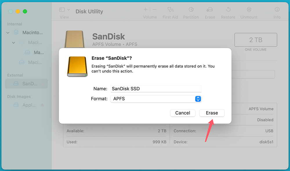Click Erase to format the drive