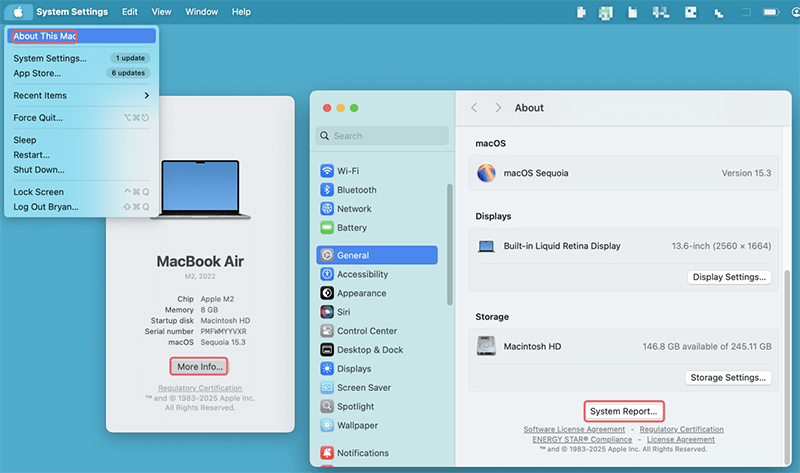Click the Apple menu > About This Mac > More Info > System Report