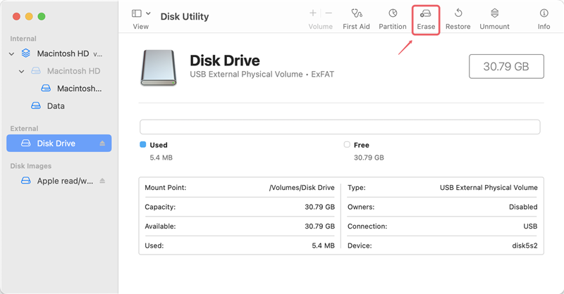 click on Erase button to reformat