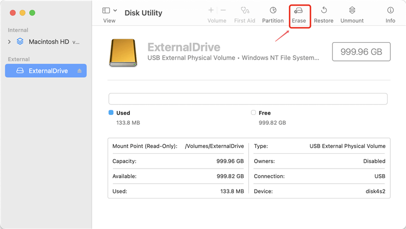 Select the SanDisk Portable SSD and click Erase