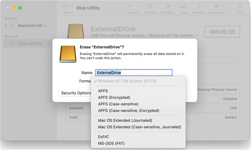 Select a file system and click Erase again