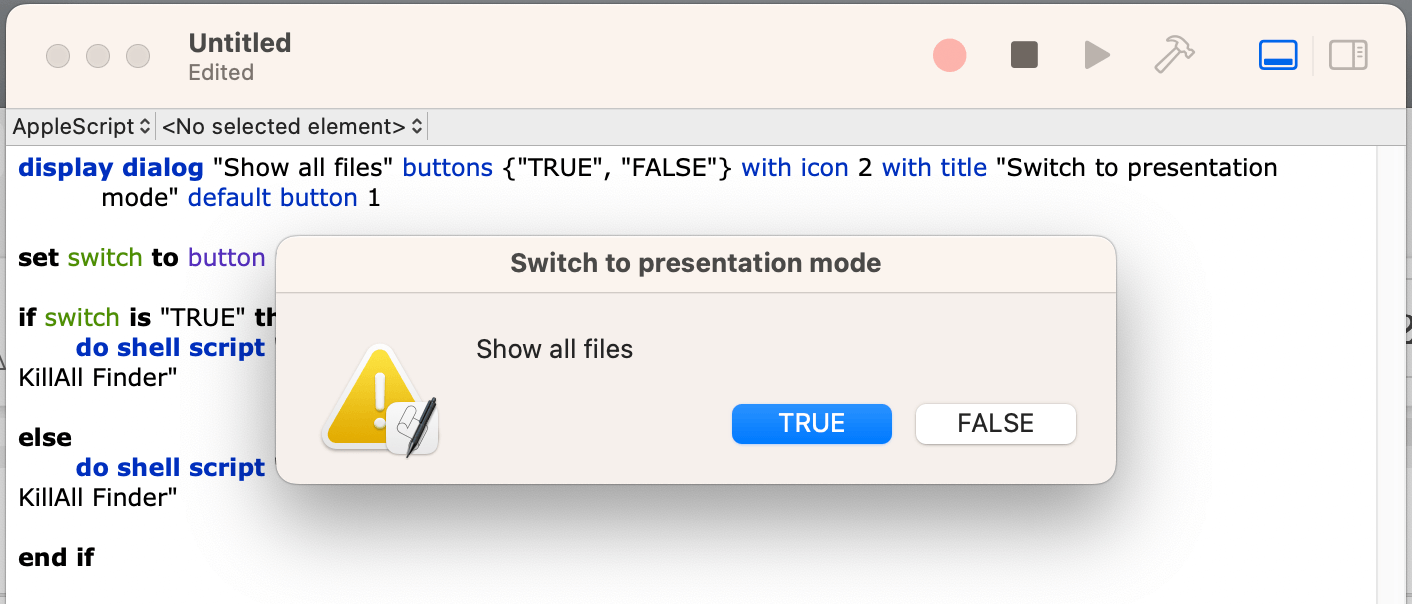 Clicking the TRUE button is to show all files and folders, clicking the FALSE button hides them.