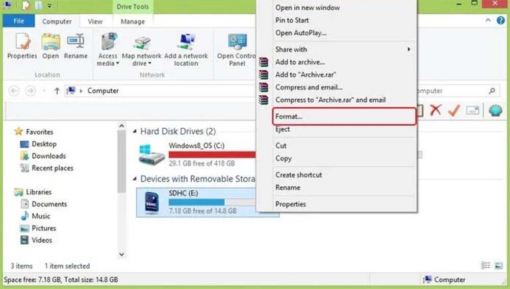 Right-click the SD card in File Explorer then choose Format