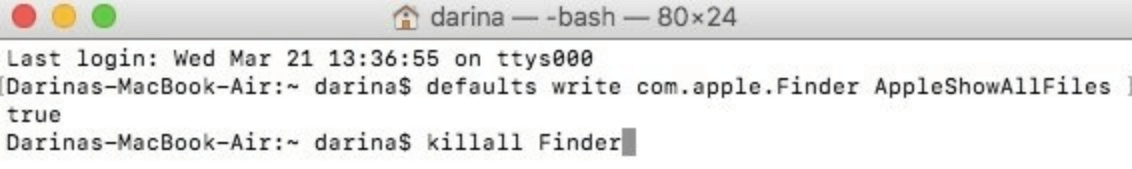 Terminal command line 2 to show hidden files on Mac