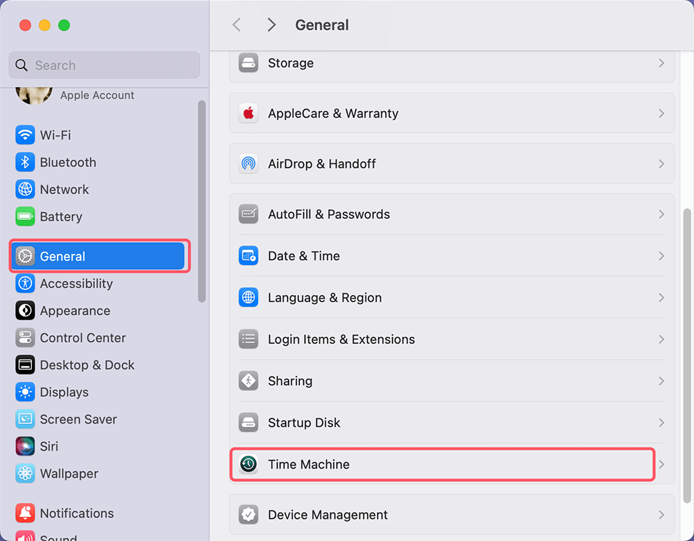 Click on General and then Time Machine