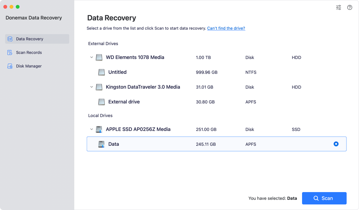 select the internal disk to start data recovery