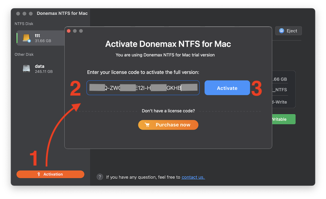 activate Donemax NTFS for Mac